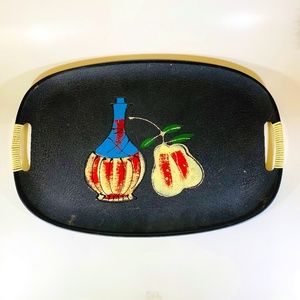 Vintage Mid-Century Modern Fiberboard Serving Tray With Wrapped Handles Wine and
